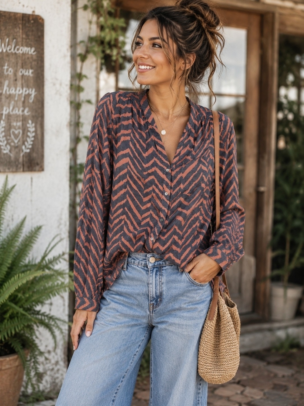 🩵 Zac & Rachel Animal Print Blouse Rust Charcoal Chevron Button Front Boho M